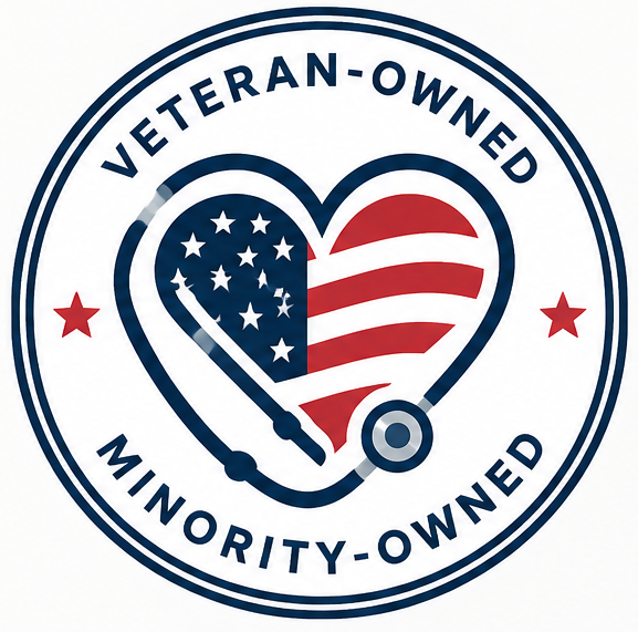 Veteran-owned and minority-owned heart and stethoscope emblem